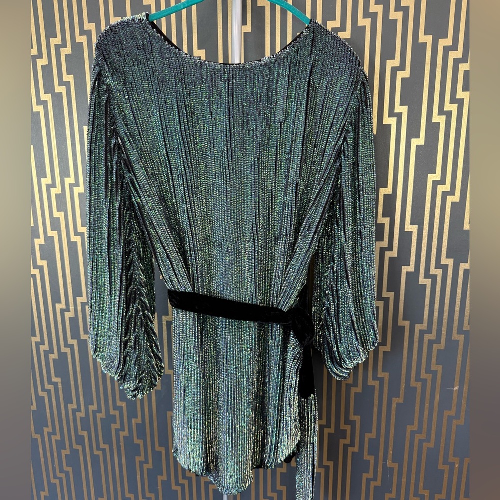NWT Retrofete Metallic Green Long Sleeve Dress with Black Accent Belt